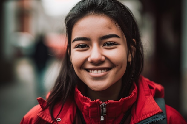 Una giovane donna con una giacca rossa sorride alla telecamera.