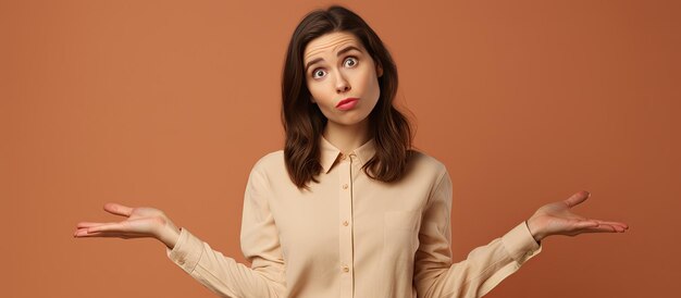 Una giovane donna confusa con uno spazio vuoto per la copia in piedi su uno sfondo marrone in camicia e pantaloni solleva il palmo della mano in confusione per i tuoi contenuti pubblicitari