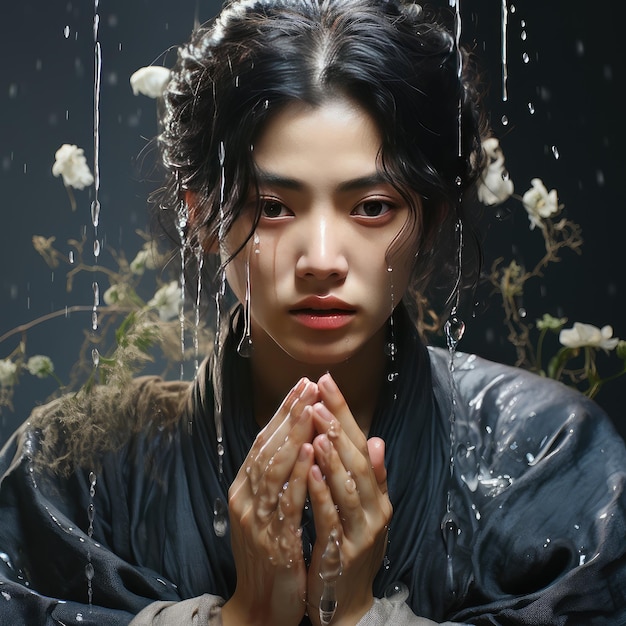 Una giovane donna coreana in accappatoio con i fiori nei capelli sotto la pioggia