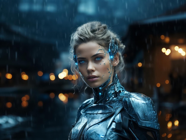 Una giovane donna cyborg con gli occhi blu sullo sfondo di una città notturna.