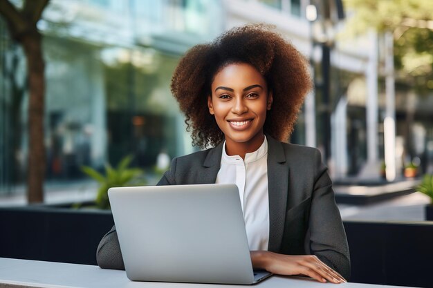 Una giovane donna d'affari afroamericana sorridente che lavora con un portatile all'aperto