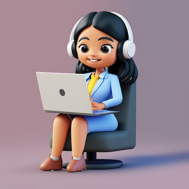 Una giovane donna d'affari carina che lavora con un portatile personaggio di cartoni animati 3D