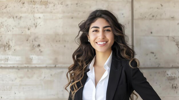 Una giovane donna d'affari fiduciosa in piedi davanti a un muro di cemento indossa una camicia bianca e un blazer nero