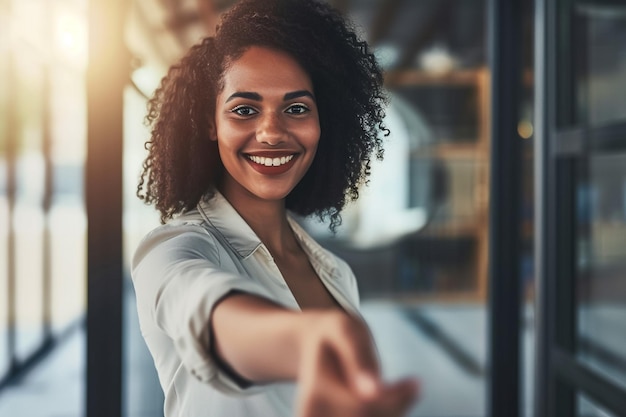 Una giovane donna d'affari indiana sorridente guarda la telecamera allunga la mano per dare il benvenuto al nuovo impiegato sul posto di lavoro