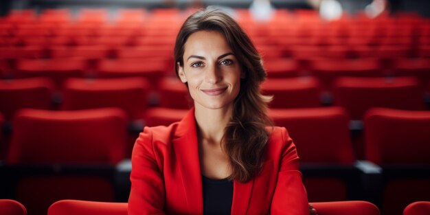 Una giovane donna d'affari si siede in una sala vuota su sedie rosse Speaker di una sala vuotta AI generativa