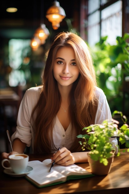 una giovane donna dai capelli lunghi sorridente seduta con una tazza di caffè e un diario in mano in un caffè verde