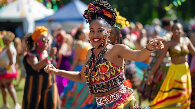 Una giovane donna dalla pelle scura e dai lunghi capelli neri sorride mentre balla in un colorato abito tradizionale africano