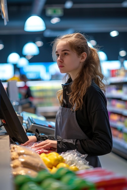 Una giovane donna è cassiera o assistente in un supermercato
