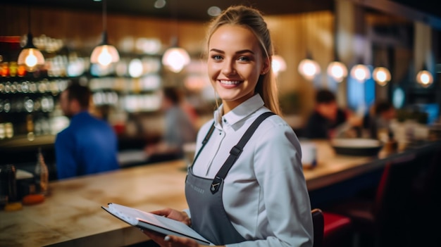 una giovane donna è in piedi in un ristorante con un menu che dice che sta tenendo un blocco.