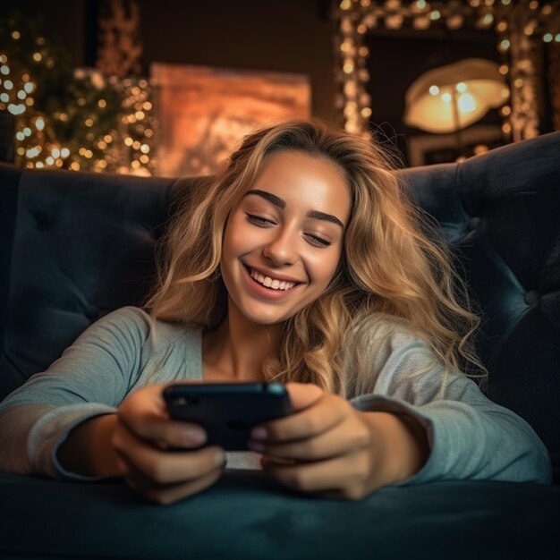 una giovane donna è sdraiata sul divano e fa acquisti online tramite smartphone con un'espressione facciale felice