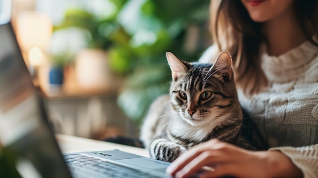 Una giovane donna è seduta alla sua scrivania a lavorare sul suo laptop ha il suo gatto seduto in grembo il gatto sta guardando la telecamera