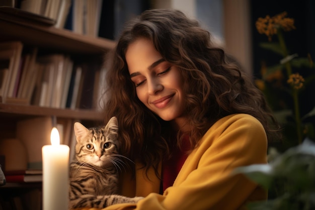 Una giovane donna è seduta in una biblioteca a leggere un libro ha un gatto in grembo