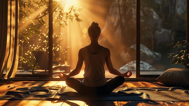 Una giovane donna è seduta in una postura di yoga in una bella stanza con una grande finestra che si affaccia su una foresta