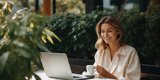 Una giovane donna è seduta in una riunione online in un caffè di strada parlando con una telecamera portatile