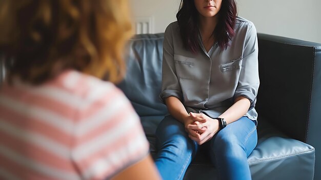 Una giovane donna è seduta su un divano a parlare con un terapeuta indossa una camicia blu e jeans e ha le mani piegate in grembo