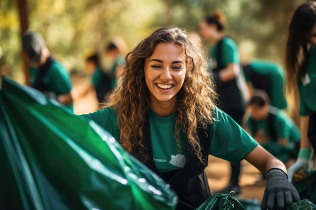 Una giovane donna e un team di volontari si divertono con il progetto di pulizia dei rifiuti e della raccolta differenziata dei rifiuti durante il concetto all'aperto della Giornata mondiale dell'ambiente