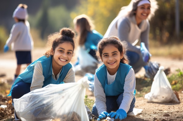 Una giovane donna e un team di volontari si divertono con il progetto di pulizia dei rifiuti e della raccolta differenziata dei rifiuti durante il concetto all'aperto della Giornata mondiale dell'ambiente