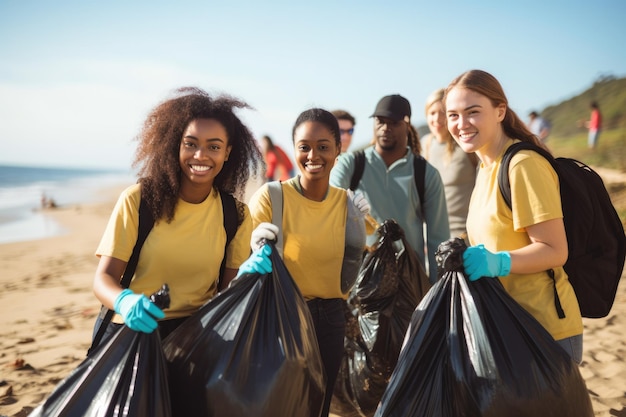 Una giovane donna e un team di volontari si divertono con il progetto di pulizia dei rifiuti e della raccolta differenziata dei rifiuti durante il concetto all'aperto della Giornata mondiale dell'ambiente