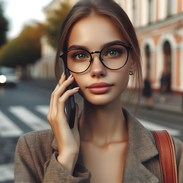 Una giovane donna elegante che parla al telefono durante l'ora d'oro in una strada trafficata