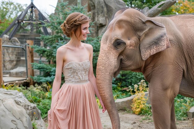 Una giovane donna elegante in un bel vestito interagisce con un gentile elefante in un panoramico zoo all'aperto