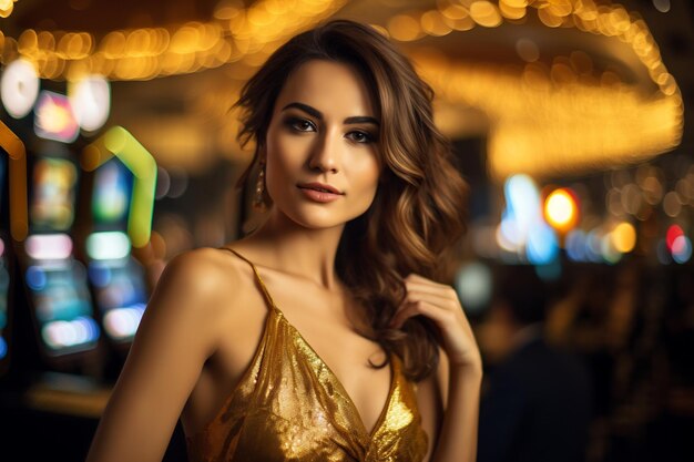 una giovane donna elegantemente vestita con un vestito d'oro nel casinò