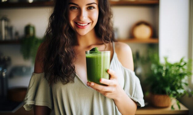 Una giovane donna era in cucina con un frullato verde sano e una bevanda di dieta disintossicante.