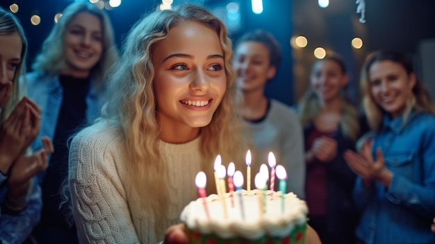 Una giovane donna esprime un desiderio mentre tiene in mano una torta di compleanno mentre altri guardano l'IA generativa