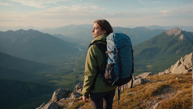 Una giovane donna europea felice con uno zaino da turista in cima a una roccia in montagna