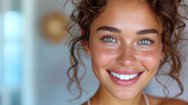 Una giovane donna fa una procedura di sbiancamento dei denti a casa.