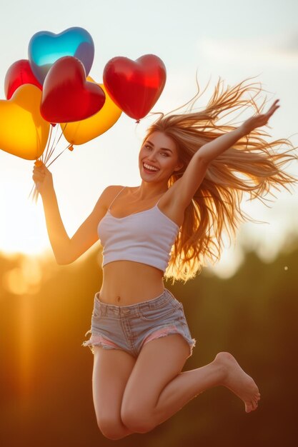 Una giovane donna felice che salta con palloncini colorati al tramonto