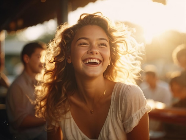 una giovane donna felice che si gode il tramonto in estate una giovane ragazza felice che si diverte il tramondo in estate