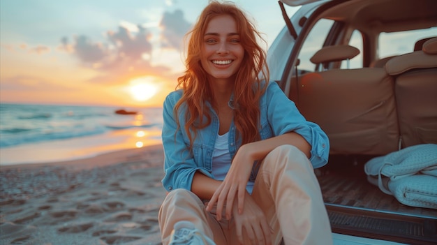 Una giovane donna felice che si gode il tramonto sulla spiaggia