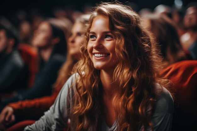 Una giovane donna felice che sorride e guarda un film comico al cinema