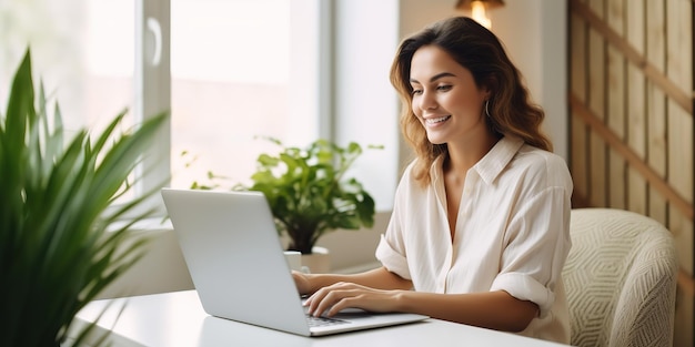 Una giovane donna felice che usa un portatile si siede al tavolo e scrive appunti mentre guarda il webinar