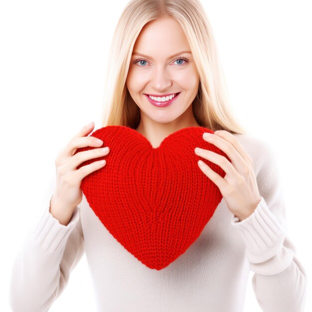 Una giovane donna felice con un cuore a maglia nelle mani