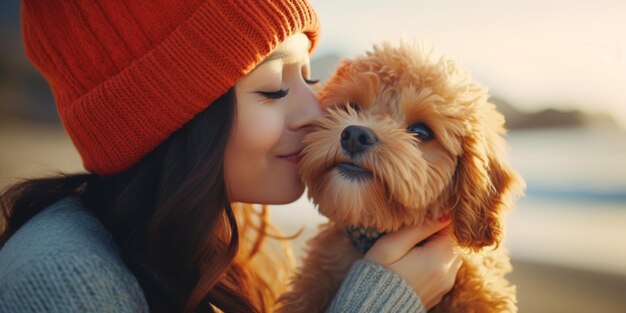 Una giovane donna felice è seduta sulla riva del mare in una giornata di sole e tiene un cane tra le braccia.