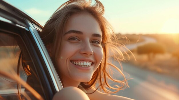 Una giovane donna felice in macchina in un viaggio in auto al tramonto