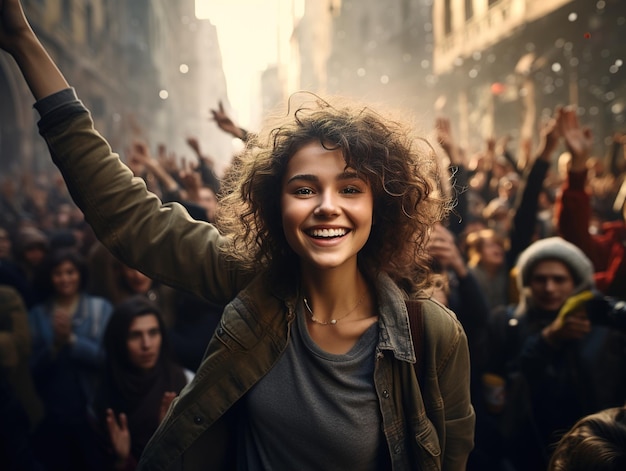 Una giovane donna felice partecipa a una manifestazione Un gruppo di persone diverse che manifestano in una strada cittadina Design ai