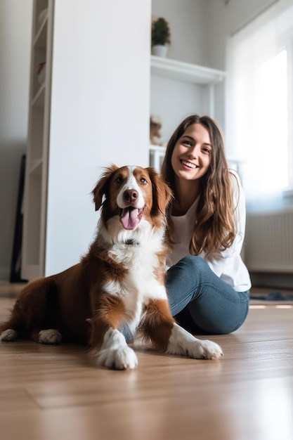 Una giovane donna felice seduta sul pavimento con il suo cane creato con l'IA generativa