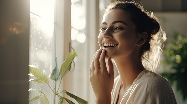 Una giovane donna felice si lava le mani e il viso con schiuma di sapone al mattino vicino alla finestra che si affaccia su una giornata estiva soleggiata