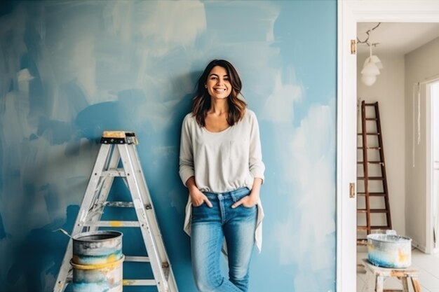 Una giovane donna felice sta facendo riparazioni nella sua casa contro lo sfondo delle riparazioni