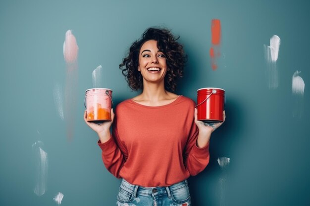 Una giovane donna felice sta facendo riparazioni nella sua casa tenendo in mano lattine di vernice sullo sfondo blu