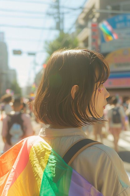 Una giovane donna giapponese si è girata di schiena adornata con una bandiera dell'Arco dell'arcobaleno dell'orgoglio LGBT in mezzo alla strada piena di Bokeh