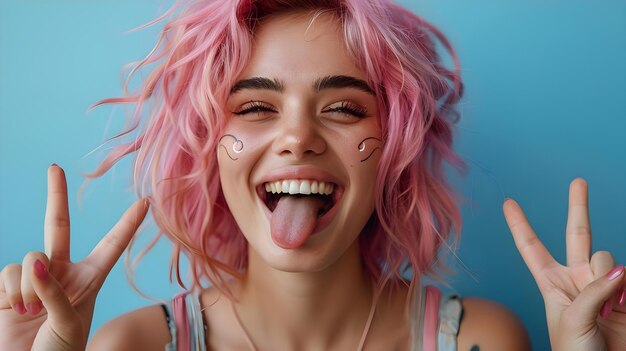 Una giovane donna giocosa con i capelli rosa che fa i gesti di pace e ride concetto moda bellezza acconciature colori pose gesti ritratti vivaci espressioni giocose