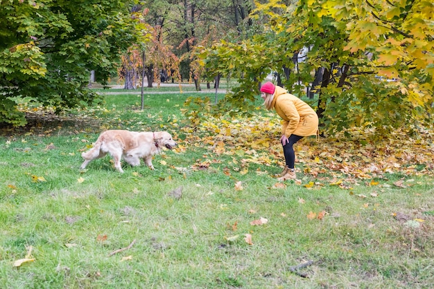 Una giovane donna in abiti pesanti sta chiamando il suo cane da riporto tra le foglie gialle autunnali. La ragazza gioca con il cane.