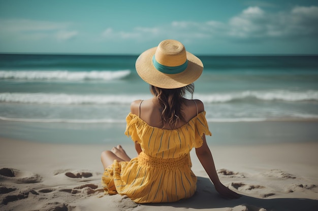 Una giovane donna in abito arancione e cappello di paglia seduto sulla spiaggia