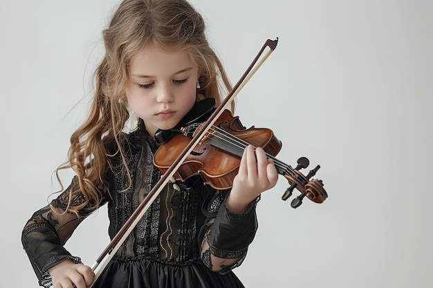 Una giovane donna in abito nero è emersa suonando il violino su un ambiente bianco.