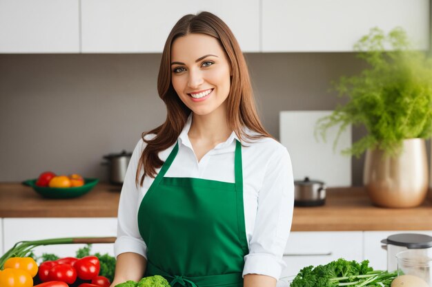 Una giovane donna in grembiule prepara un alimento sano di verdure in cucina