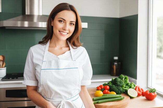 Una giovane donna in grembiule prepara un alimento sano di verdure in cucina