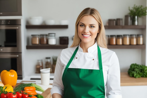 Una giovane donna in grembiule prepara un alimento sano di verdure in cucina